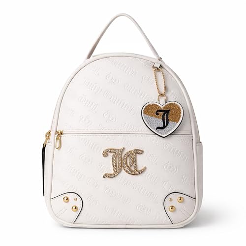 Juicy Couture Mochila sem regras com logotipo JC de strass, chaveiro com pingente de coração, bolsa de viagem com zíper em relevo (branca)