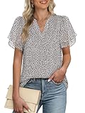 ANRABESS Women’s Dressy Casual Blouses Chiffon V Neck Petal Short Sleeve Shirts 2025 Summer Business Work Tops Khaki White Dot M