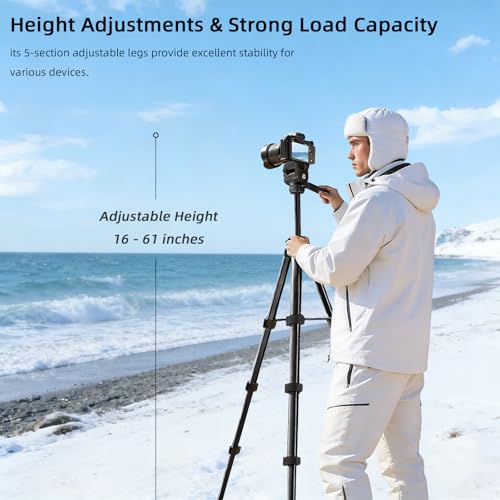 Jishane Camera Tripod, Travel Tripod for Camera Canon EOS Rebel Nikon, 61" Lightweight Phone Stand with Wireless Remote & Carry Bag, Compatible with DSLR, iPhone, Spotting Scopes, Max Load 11lb — view 3