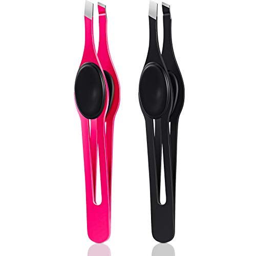 2 Pieces Wide Non-Slip Grip Slant Tip Tweezers Stainless Steel Slant Tweezer Precision Tip Hair Clip Tweezer for Ingrown Hair Facial Hair Eyebrow Shaping Splinter Blackhead Remover (Black, Rose Red)