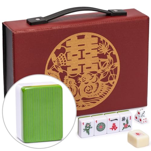 Yellow Mountain Imports Chinesisches Mahjong-Set „Bambus-Oase mit 146 kleinen Spielsteinen und roter Vinyltasche — nur für chinesisches Spiel [「竹林綠洲」中國麻將]