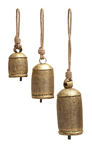 Deco 79 Metal Tibetan Inspired Meditation Decorative Cow Bell With Jute Hanging Rope, Set Of 3 10",8",6"H, Bronze #TOP18