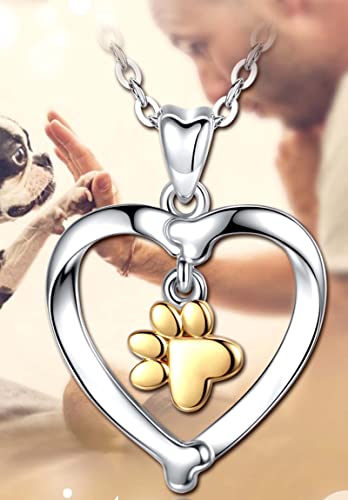 INFUSEU Kette Hundepfote Silber 925, Herz Halskette Tier Schmuck Golden Anhänger Tierliebhaber Hundehalskette Schwester Geschenk 10 Jahre