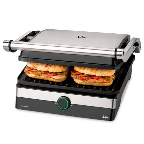 JATA JEGR1596 - Parrilla Electrica y Grill con placas rayadas antiadherentes de 29 x 23,6 cm. 2000 W. Cocina todo tipo de alimentos. Apertura 180º. Tapa superior basculante. Bandeja recogesalsas