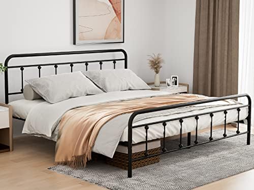 IKIFLY California King Size Metal Bed Frame with Headboard & Footboard - Strong Steel Slats - Mattress Foundation - Victorian Vintage Style - No Box Spring Needed - Black/Cal King