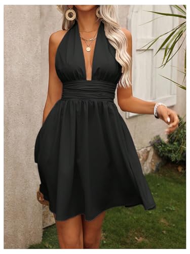 Image of Floerns Women's Backless Halter Dress Sleeveless Ruched Flare Hem A Line Dresses