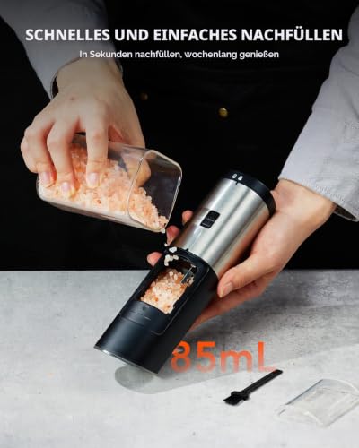 Foto von FORLIM Elektrisches Salz und Pfeffermühlen, Automatisches Schwerkraftmahlen Pfeffermühle, Einstellbare Grobheit, Einhandbedienung, mit LED-Licht, Salzmühle aus Edelstahl,1er Pack(Schwarz)