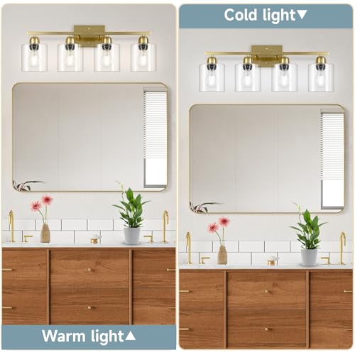 Image of Modern Brushed Gold 4 Light Bathroom Light Fixtures, 24 inch Vanity Lights for Bathroom with Clear Glass, Bathroom Vanity Light for Mirror Kitchen Living Room Hallway Cabinet Porch