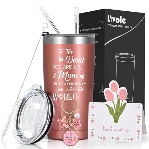 Livole Gifts for Mum, Mother, Mom, Women, Mummy Mothers Day, Mum Gifts, to The World You are A Mum But to Our Family You are The World, Mum Card, Key Ring, 20oz Insulated Wine Tumbler, Travel Mug