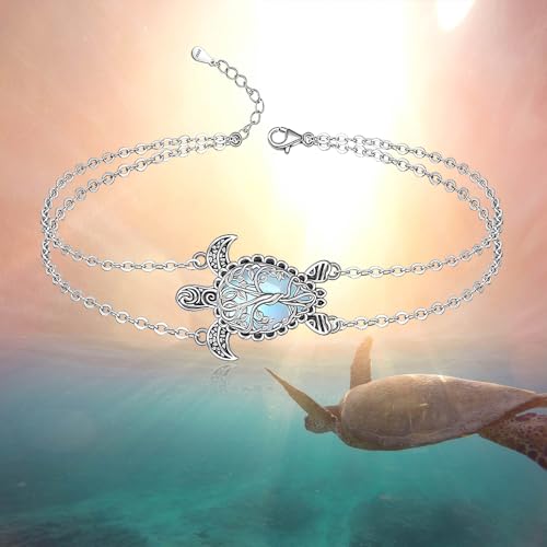 Image of Fenthring Turtle Anklet S925 Sterling Silver Blue Opal Sea Turtle Ankle Bracelets for Women Infinity Wave Ocean Beach Summer Foot Bracelet Jewelry Layered Adjustable