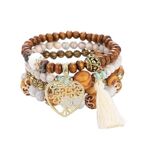 DkakoJew Tree of Love for Women Bracelet Bohemian stretch wood bead bracelet Bohemian tassel bracelet for women Multi-layer stackable bracelet Women's Christmas Birthday Jewelry.