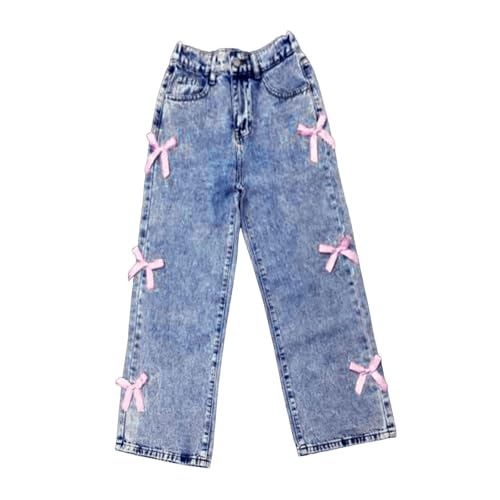 Kids Baggy Jeans Bow Elastic High Waist Straight Denim Pants Girls Loose Wide Leg Casual Trousers with Pockets