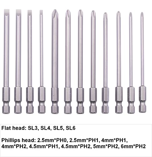 Aiyun 12 Pack Slotted Phillips Screwdriver Bit Set, 1/4 Inch Hex Shank S2 Steel Magnetic 3 Inch Long Drill Bit Set With Storage Box (75Mm) #TOP3