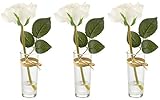 3 Piece Artificial Real Touch White Roses in Decorative Glass Bud Vases for Modern Home Decor Living Room Dining Dressing Coffee Table Desk Bedroom Dorm Gift 8.26 in Tall