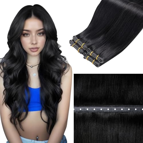 LaaVoo Tressen Echthaar Schwarz Weft in Extensions Echthaar Salonqualität mit Mikroperlen Tressen Extensions Echthaar Unsichtbar 45cm 50g #1
