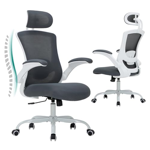 COLAMY Bürostuhl Ergonomisch, Netz-Schreibtischstuhl mit Verstellbarer Kopfstütze, Chefsessel Office Chair mit Lendenwirbelstütze, Verstellbarer Neigungsverschluss Drehstuhl, Grau