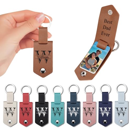 Father's Day Custom Gifts Photo Leather Keychain, Personalized Leather Photo Album Keychain with 6 Pictures, Engraved Text Key Ring for Daddy Dad from Daughter Son, Gift for Him Husband Grandpa