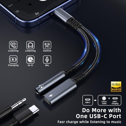 USB C auf Klinke Adapter und Laden - 2 in 1 Typ C auf 3,5mm Aux Kopfhörer Adapter mit DAC Chip,Unterstützt PD 60W Schnellladung für iPhone 16 Pro Max, Samsung Ultra/S24/S24+,Huawei usw