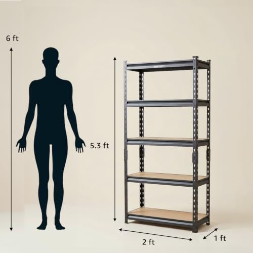 Image of Amazon Basics 5-Tier Storage Rack | Bolt-Free Assembly | Metal Stand & Thick MDF Board | 175kg Capacity Per Shelf | 63H x 24W x 12D inch Adjustable Shelf Rack for Home, Garage & Shop| Black