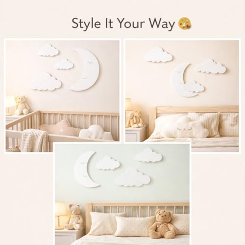 Image of Moon & Cloud Wall Decor Set (4 Pcs) for Kids Room | Nursery Decoration Items | Baby Room Hanging Wall Decor | Wooden DIY Cutouts for Bedroom & Baby Shower (White)