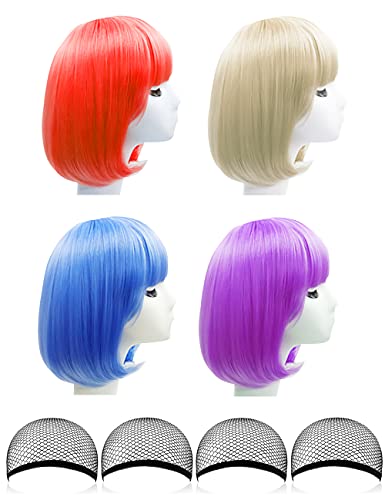 4 Pack Colorful Party Wigs, Short Bob Wigs, Daily Party Hairpiece for Women Girls , Wigs for Women with 4 Wig Caps - Bachelorette Party Supplies, Favors, Decorations (Red, Light Blonde, Blue, Violet)