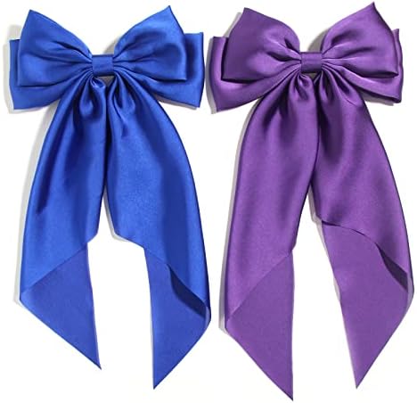 2pcs Large Hair Bows for Women Big Bow Clip Girl Scarf French Barrette with Long Silky Satin Ribbon Solid Color Bowknot Hairpin Hair Slides Scrunchies Accessories (Purple Royal Blue)