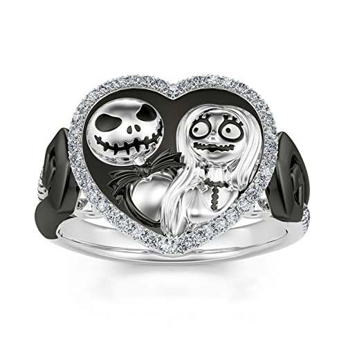 Bague de mariage Jack femme argent deux tons diamant rond fiançailles couple crânes