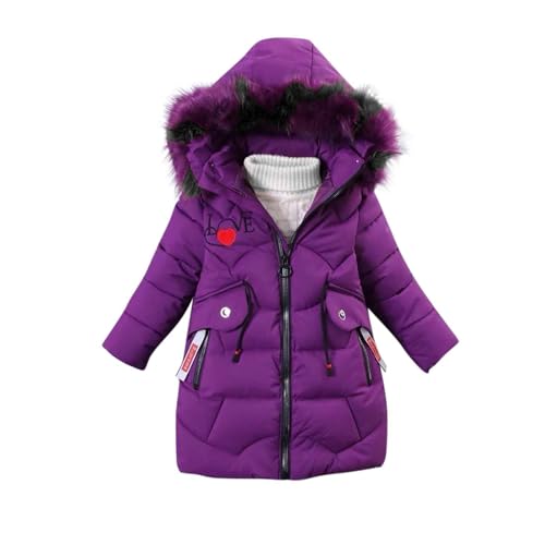 AMhomely Kids Puffer Jacket Girls Long-Girls Quilted Coats with Faux Fur Hood,Pocket,Love Graphic,Full Zip,Windproof,Thick,Winter Padded Jacket,Outdoor Overcoat A Purple 8-9 Years