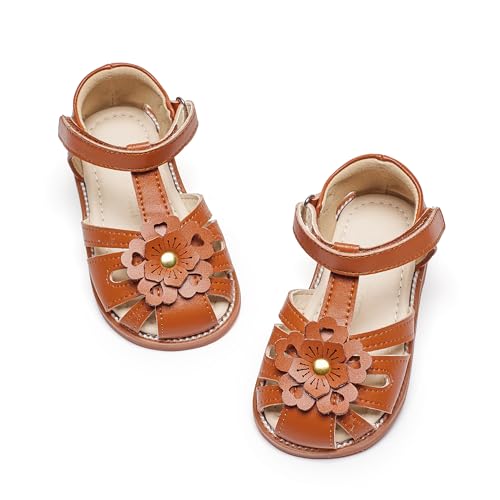 Felix & Flora Toddler Girls Brown Close Toes Sandals Size 10- Soft Rubber Princess Flat Shoes Flower Girl Shoes