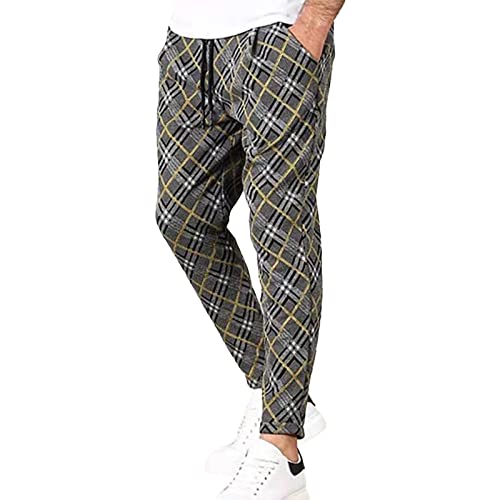 YawYews Pantalon ample décontracté à carreaux pour homme - Tendance avec élasticité - Taille mi-haute élastique, jaune, 34-37 Cover