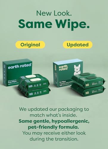 Image of Earth Rated Pet Wipes for Dogs and Cats, Hypoallergenic, 3-in-1 Cleaning, Deodorizing and Hydrating, for Grooming Paws, Body and Butt, New White Tea and Basil Scent, 400 Count (Pack of 2)