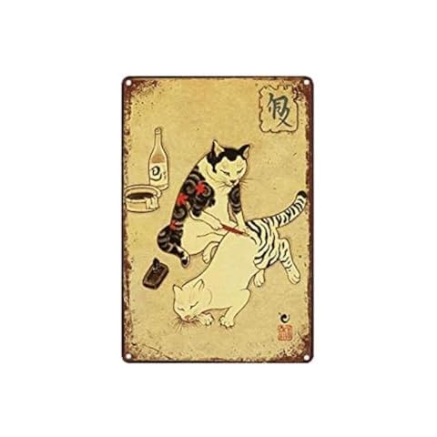Licpact Japanese Samurai Cat Tattoo Wall Art Metal Tin Sign The Butchers Guide Decor Bar Pub Home Vintage 12*8 Inch Cover