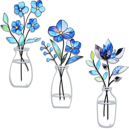 ZogCowy 3 Pcs Metal Flowers Wall Arts, Wall Decor for Bathroom Living Room Bedroom Kitchen Dining Room Rustic Farmhouse Decor-Housewarming Gifts (Blue)