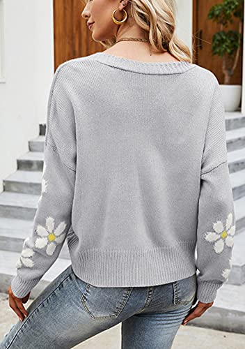 Chouyatou Women's Fall Cute Daisy Button Jacquard Knit Cardigan Sweater Jacket (Medium, Grey) #TOP1