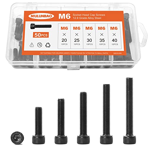 NIULUNBAO M6 x 20mm 25mm 30mm 35mm 40mm Hex Socket Head Cap Screws Bolts 12.9 Grade Alloy Steel, Black Oxide Finish, Metric Allen Hex Drive, Machine Fully Threaded, Assortment Kit 50PCS