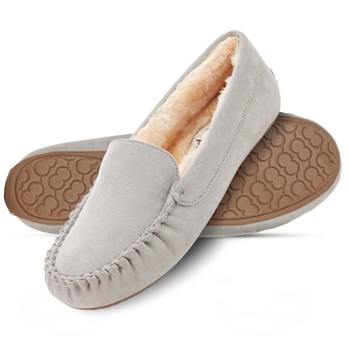 Floopi Women Slippers Moccasins Soft Faux Fur Lining with Cozy Memory Foam Ladies House Slippers for Women with Indoor & Outdoor Anti-Skid Sole(10 Grey-323)