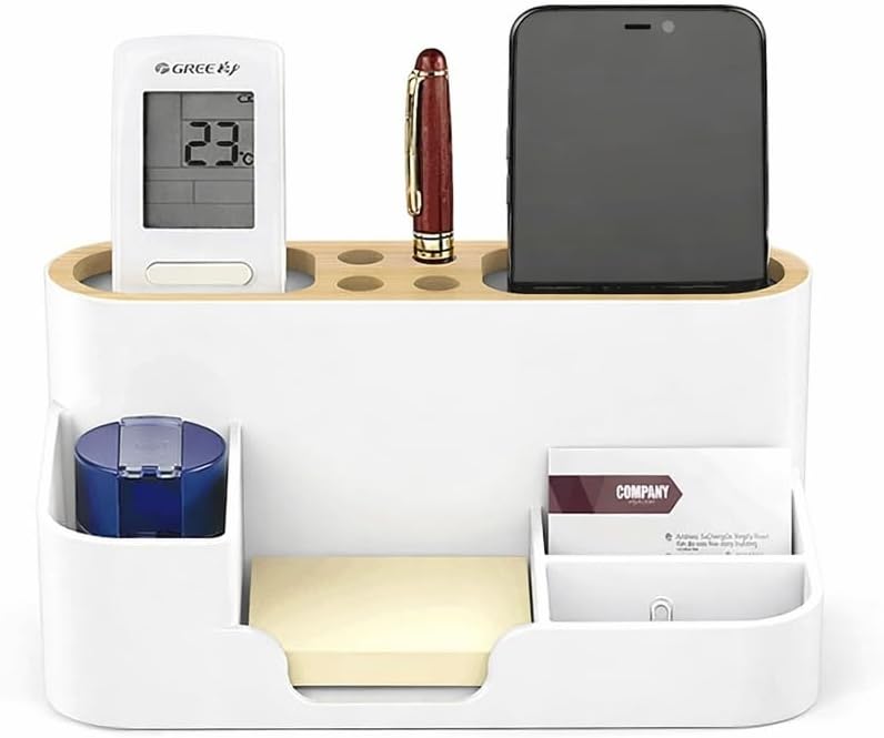 Desk Organizer Stationary Storage Holders Pen-Pencil, Mobile, Remote, Sticky Note, visiting card, Paperclip stand Multi-Functional Study Table Desk Accessories Stand for Home/Office - White