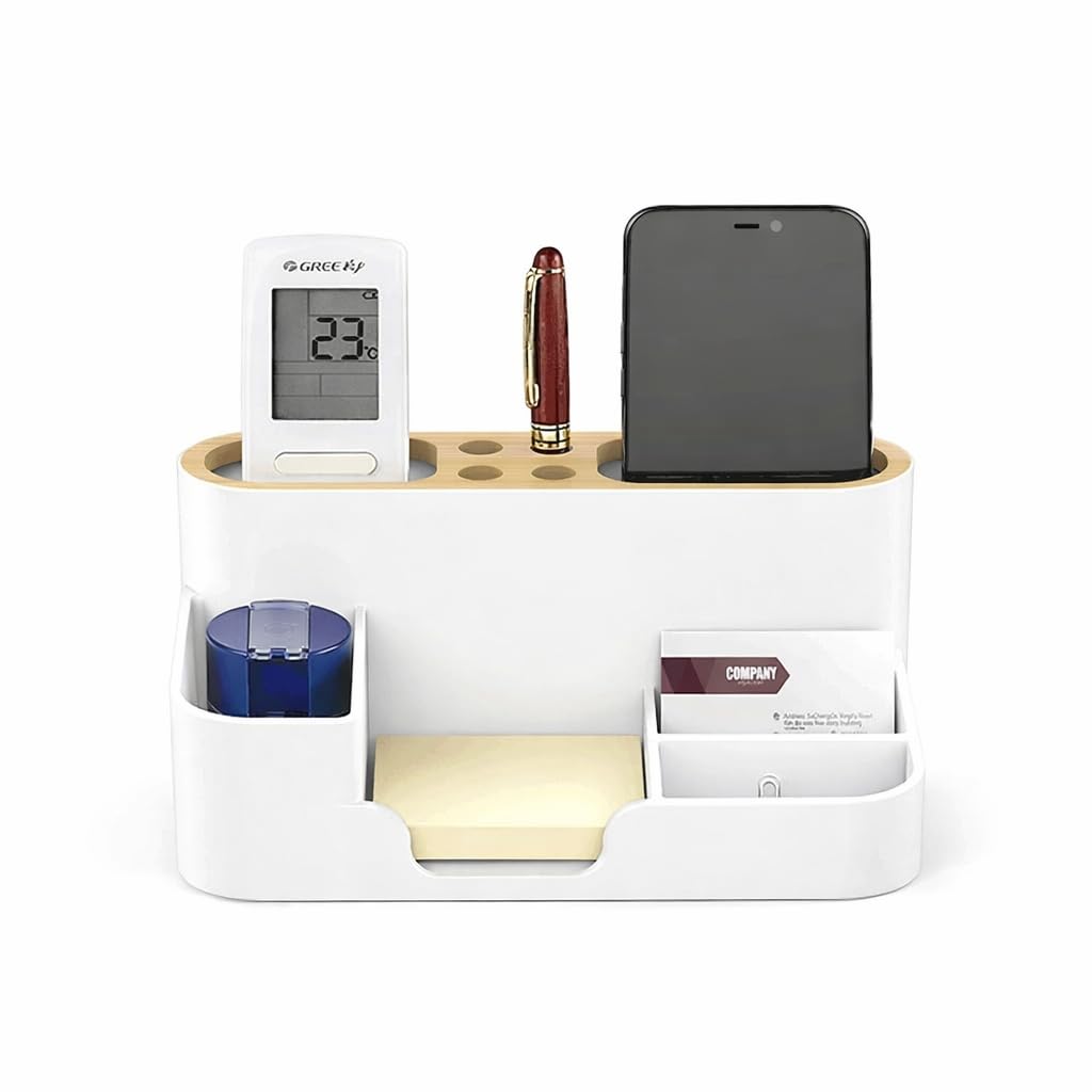 Darkshri Desk Organizer Stationary Storage Holders Pen-Pencil, Mobile, Remote, Sticky Note, visiting card, Paperclip stand Multi-Functional Study Table Desk Accessories Stand for Home/Office - White