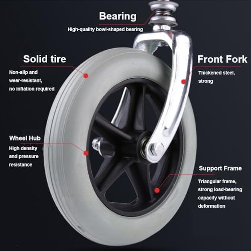 Ruedas de repuesto para silla de ruedas, ruedas sólidas de 6 a 8 pulgadas con horquilla delantera de acero, 2 accesorios de rueda delantera gris/negro
