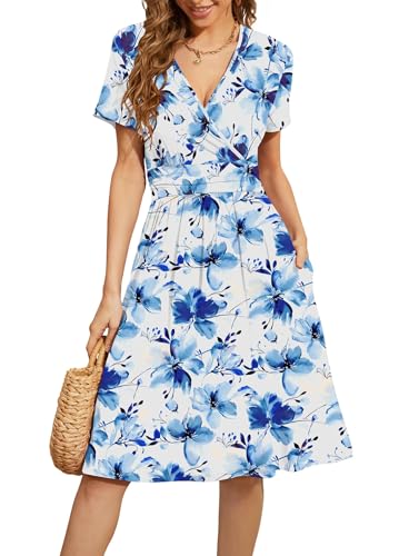 Image of WEACZZY Women's Summer Short Sleeve Casual Dresses V-Neck Floral Party Dress with Pockets