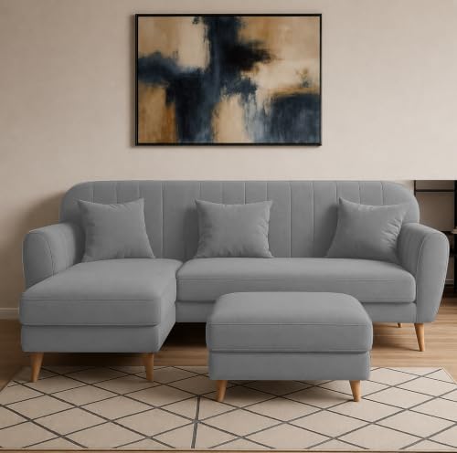 Image of Atticus LHS 4 Seater L Shape Sofa Set with Ottoman for Living Room (Dark Grey Fabric) Premium Fabric Sofa Set