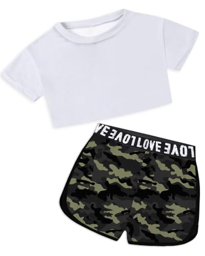 Image of Betusline Girls Summer 2 Piece Outfits,Kids Short Sleeve Crop Top & Shorts Set with Side Pockets