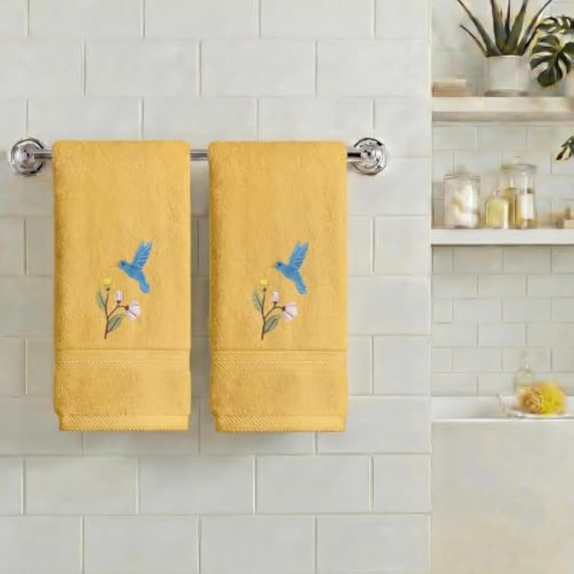 2 Pcs Yellow Bird Floral Embroidered Hand Towels, Bathroom Decor