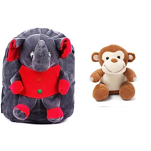 Image of DZert Soft Plush Kids' School Bag (Multi-Color, 2 to 6 Years) & Babique Plush Soft Toy Cute Kids Animal Home Decor Boys /Girls /Baby (28 cm, Monkey)