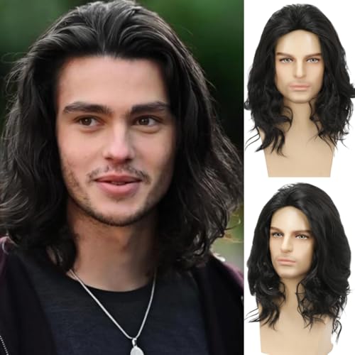 Daiaces Mens Black Wig Long Curly Natural Hair Wig Layered Wavy for Daily Party Costume Cospaly Halloween