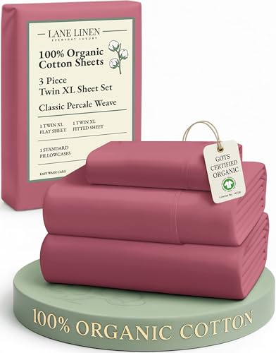 Image of LANE LINEN 100% Organic Cotton Eco Friendly Bed Sheets Extra Long Twin, Soft & Comfy Fully Elasticized Percale, Low Pilling Machine Washable Naturally Cool Twin XL Sheet- Mineral Red