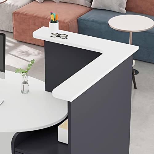 Didugo Reception Counter Desk Retail Front Reception Desk For Checkout, Round Desktop, Open Shelves, Lockable Drawer, For Salon White And Dark Grey #TOP4