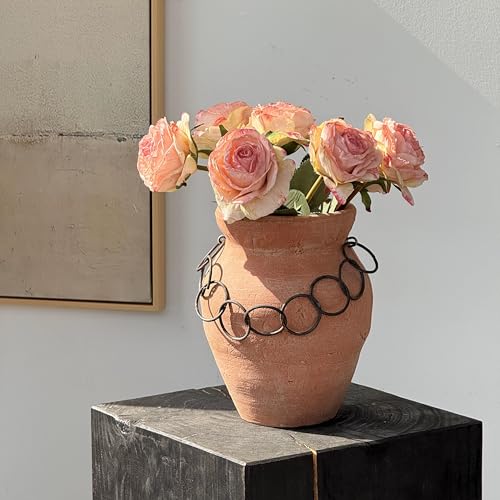 Relexome Black Terracotta Rustic Ceramic Farmhouse Vase,9.5" Round Flower Vase,Vintage Antique Stone Clay Handmade Distressed Decorative,Home Living Room Kitchen Table Shelf Decor