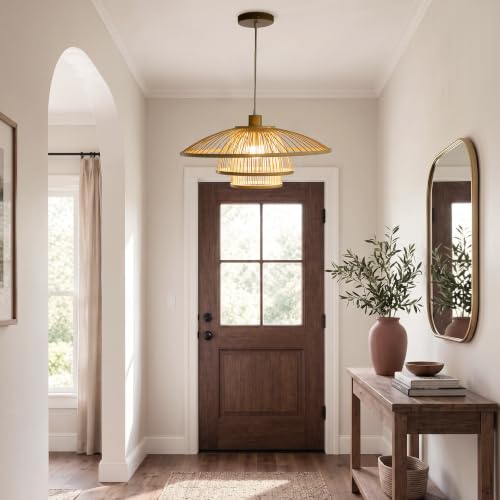 Image of Pendant Light, Bamboo Boho Hanging Light with Adjustable Height | For Kitchen Islands, Dining Rooms, Bedrooms, Entryways, 20'' Handwoven Lampshade, E26 Socket (Bulb Included)