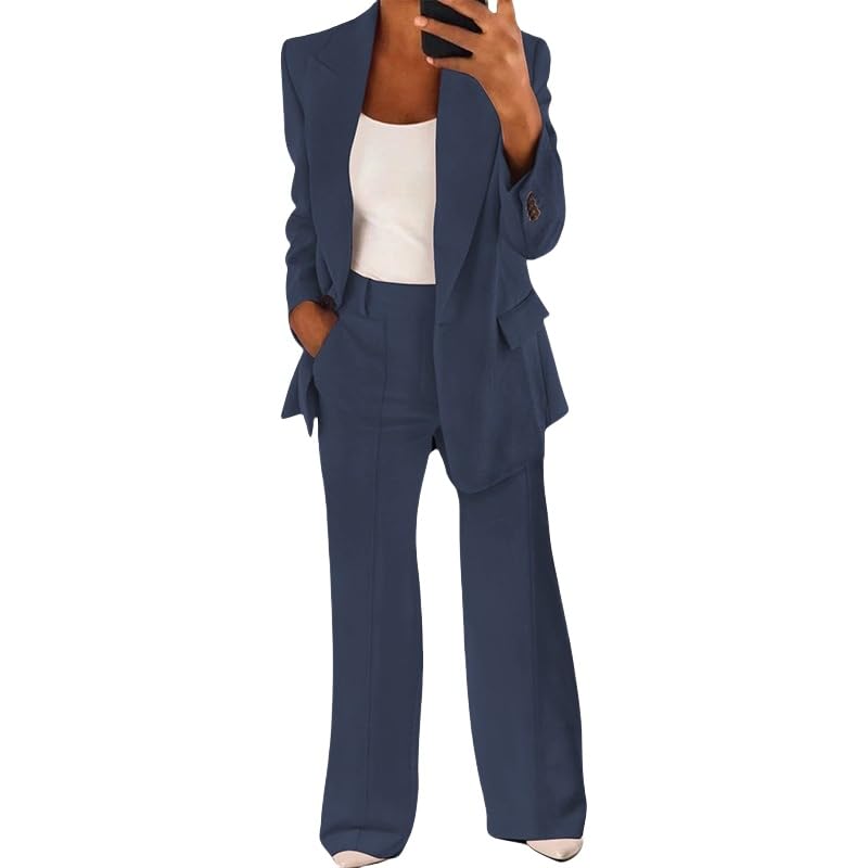 2 Piece Outfits for Women Dressy Blazer Lapel Slim Jackets High Waisted Straight Wide Leg Pants Suits Business